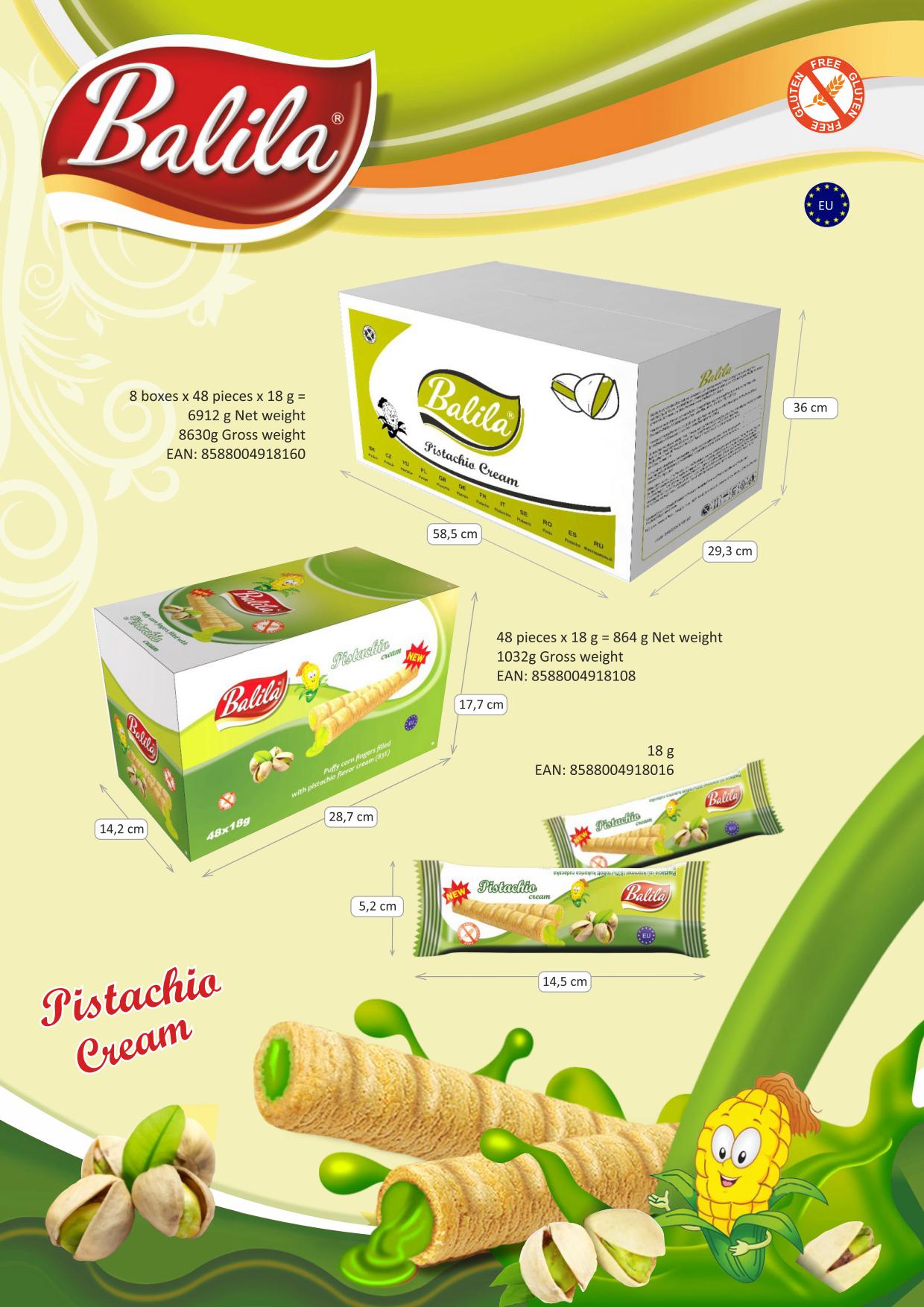 Balila Corn Tubes Filled with Pistache cream (48pieces) 864gr