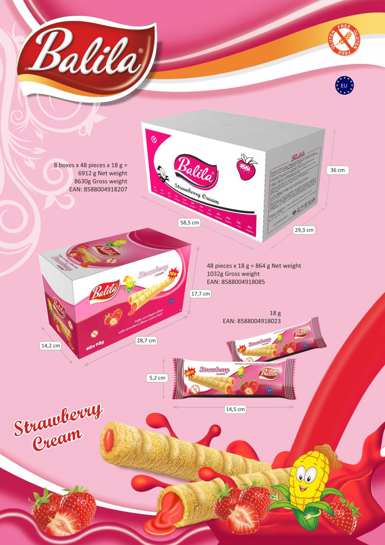 Balila Corn Tubes Filled with Strawberry cream (48pieces) 864gr